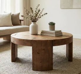 YY0016 31.5" Round Coffee Table, Solid Wood Farmhouse Center Cocktail Tea Table for Living Room