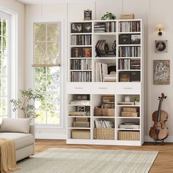 75"H Book Shelf with Drawers, 9 Tier Bookshelf with CD DVD Storage shelves, Large Book Shelves with CD DVD Storage Rack, Wood Media Cabinet with Adjus