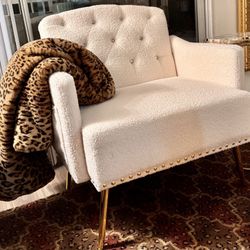 White Accent Armchair, Fuzzy Fabric, Gold Accents, Diamond Button Tufted