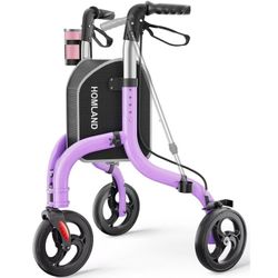 HOMLAND Foldable 3 Wheel Walkers for Seniors, Lightweight 10.4 lbs with Cane & Cup Holder, Height Adjustable, 8'' big wheel, Lavender