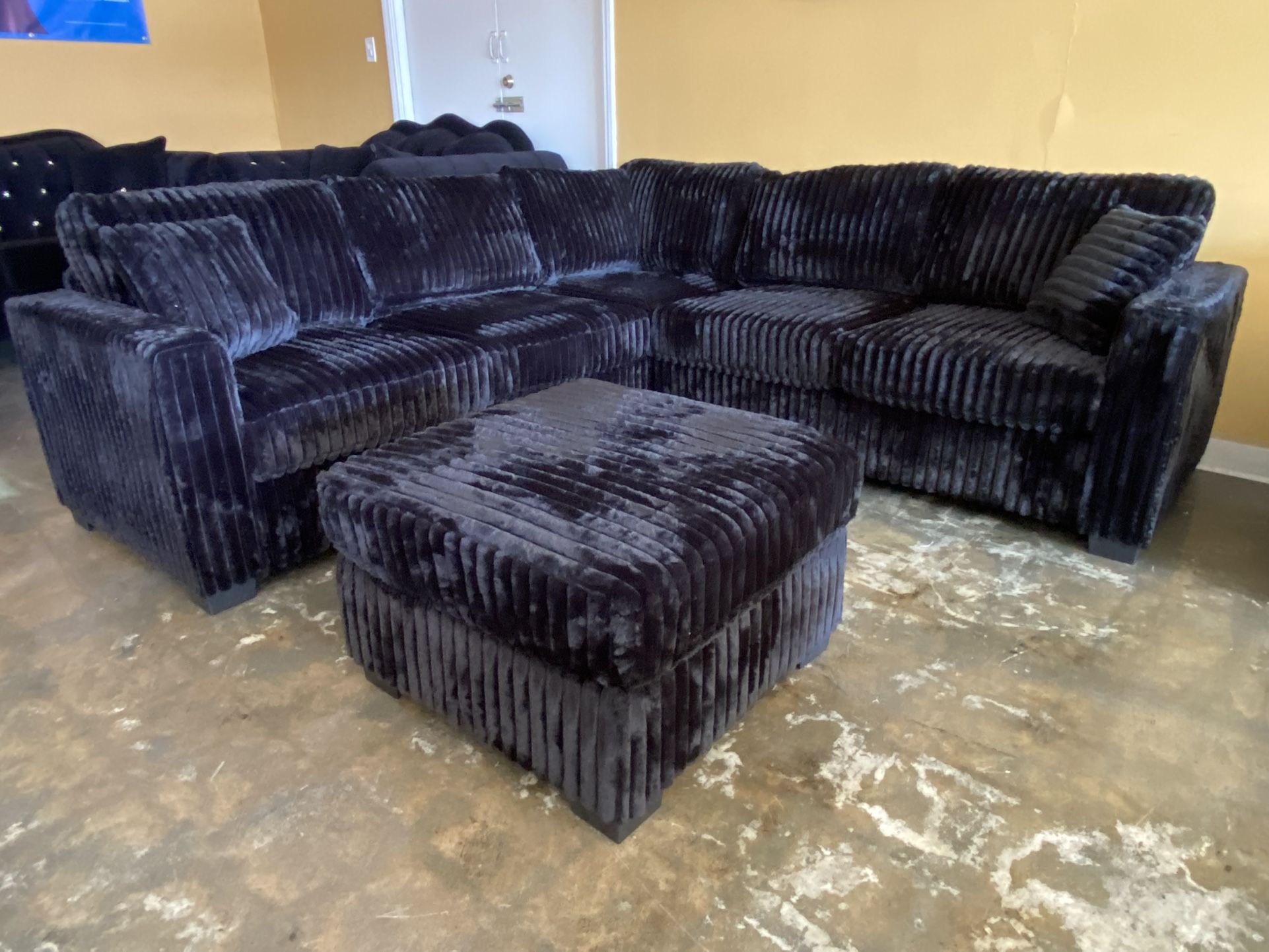 Corduroy Black Sectional With Ottoman
