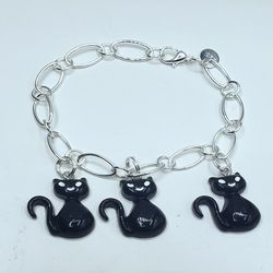 Black kitty cat charm sterling silver chain link bracelet Halloween jewelry can fit up to 7 1/2 inches wrist #pandora #tiffanys #alexandani 