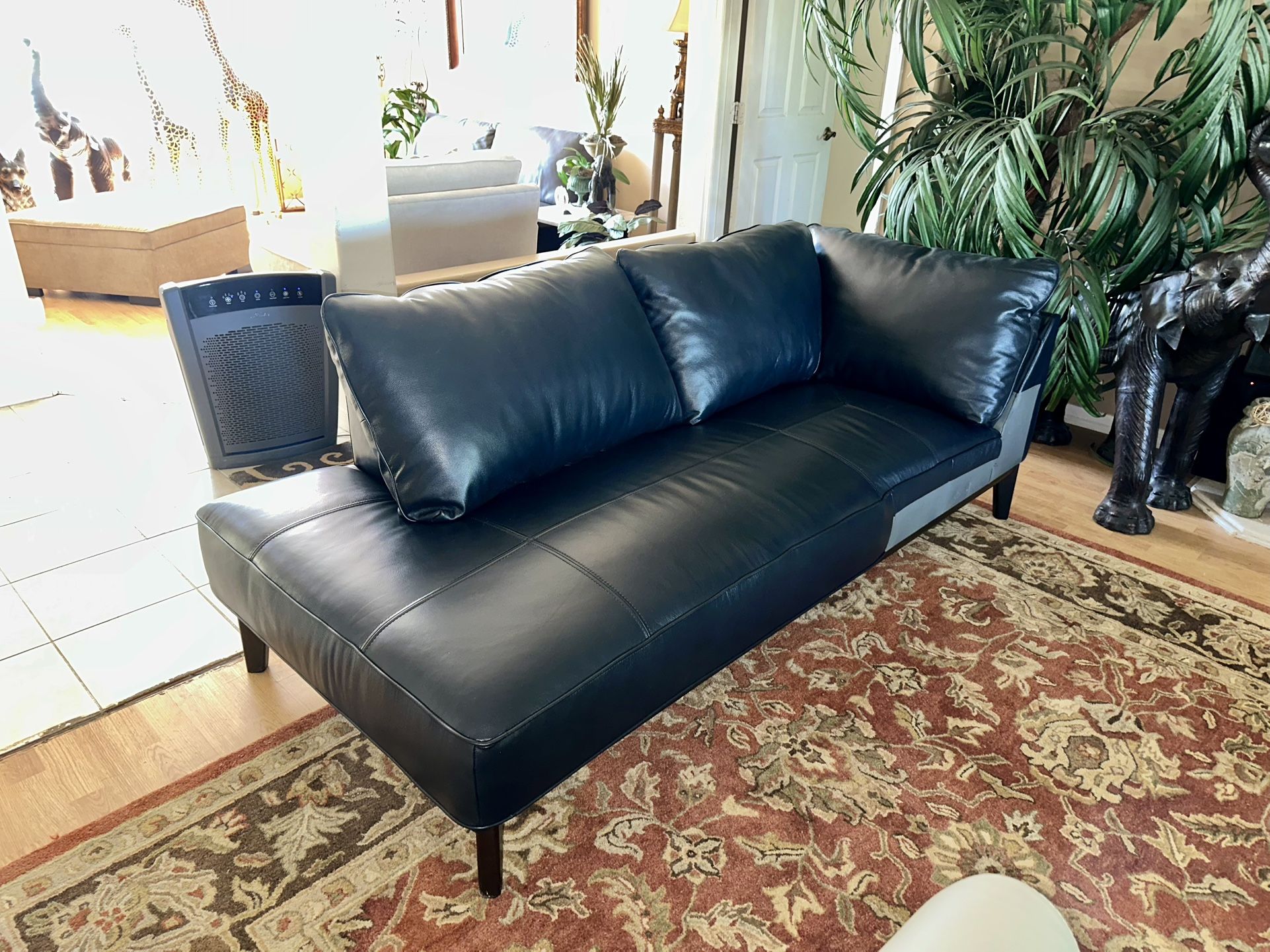 Navy Blue Leather Mid Century Modern Sofa
