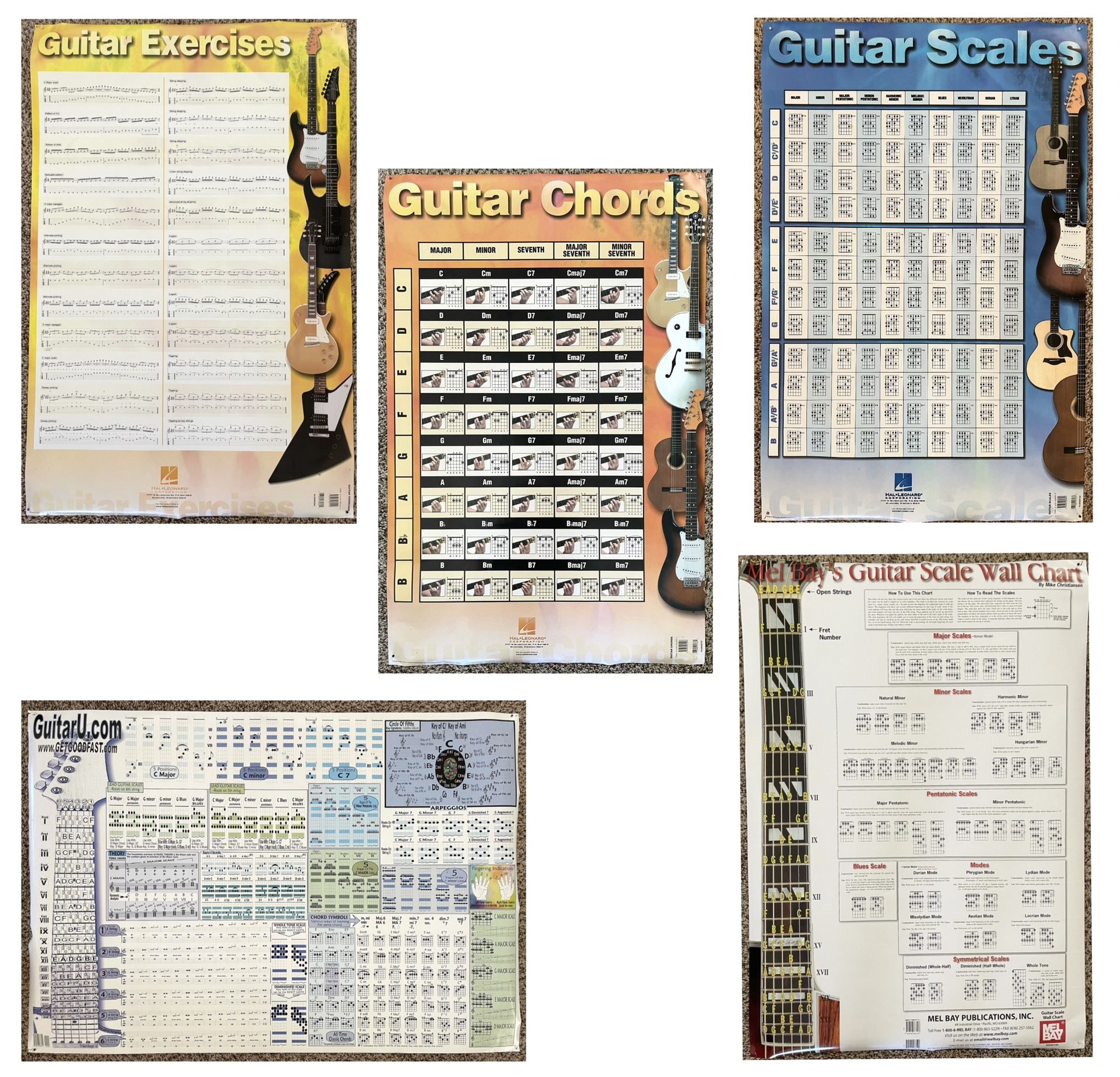 5 Large Posters of Guitar Lessons Exercises Chords Scale Wall Chart Helped me Learn Fast By Hal Leonard and Mel Bay