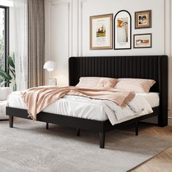 SHA CERLIN King Size Velvet Bed Frame, Tufted Wingback Headboard, Black