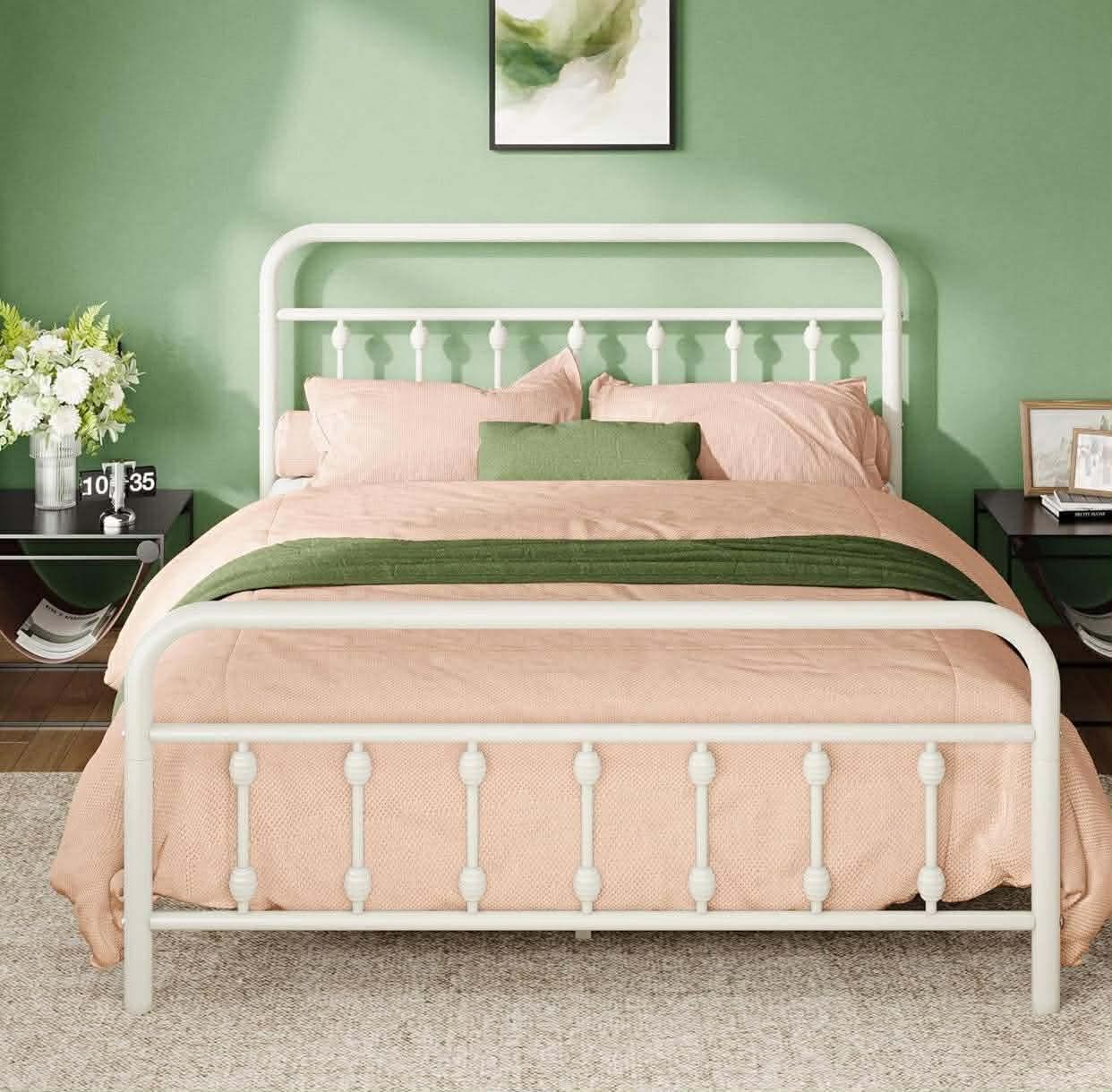 Queen Size Metal Platform Bed Frame with Victorian Style Iron-Art Headboard and Footboard, White.