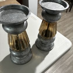 Antique Glass Galv Metal Pillar Holder