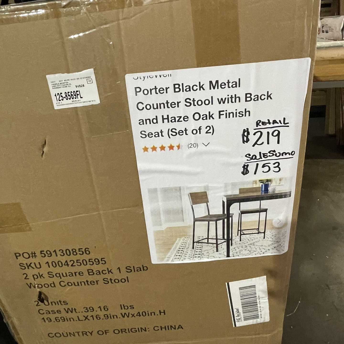 Porter Black Metal Counter Stool with Back and Haze Oak Finish Seat (Set of 2) 