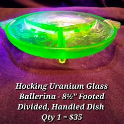 Uranium Glass Divided Footed Handled Dish