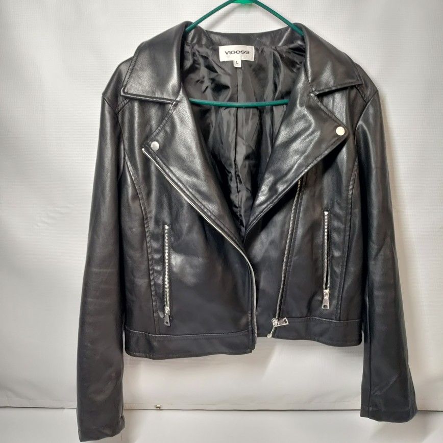 Vigoss Faux Leather Puffer Jacket LARGE Women's Black