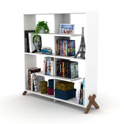Modern 4-Tier Bookshelf with Wooden X-Leg Base – Freestanding Display & Storage Bookcase