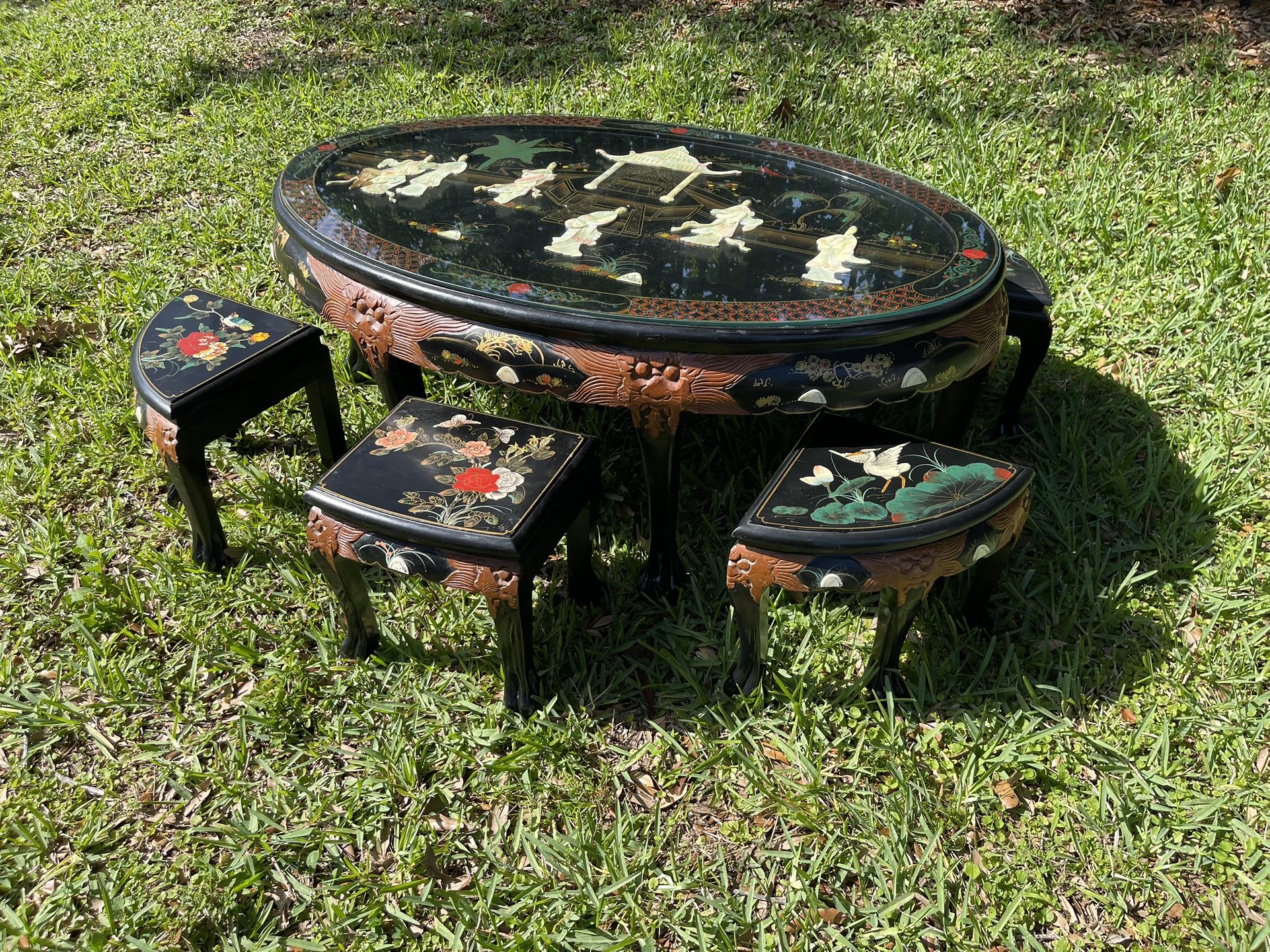 Black Lacquer Oriental Coffee Table, Inlaid Pearl with Six Stools 49”x31”x20”H, Good Condition $70 Firm On Price