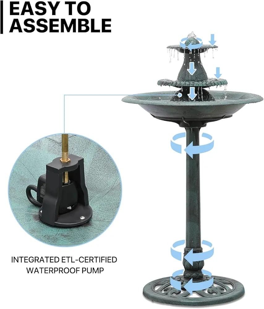 MoNiBloom 35" Outdoor Pedestal Water Fountain and Birdbath, 3-Tiered Waterfall Fountain with Recirculating Pump for Garden Patio Backyard, 5L Water Ca