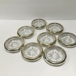 Antique Sterling Silver Rim Crystal Coasters Set of 8 Diameter 4”. 