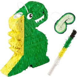 IMPRESA Dinosaur Pinata - Blindfold & Baton for Dino Party Games - 3-Lb Candy Capacity for Birthday Pinata - Vibrant Green Dino Design for Party Decor