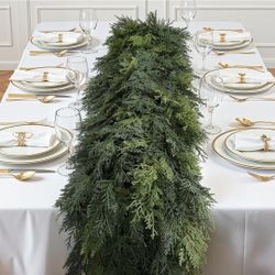 New 9FT Christmas Cedar Garland Decoration, Artificial Realistic Faux Cypress Greenery Garland for Winter Mantle Table Stairs Railing Fireplace 