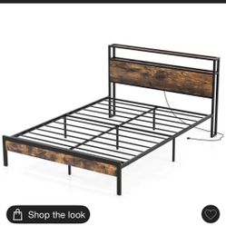 Queen Bed Frame — Raised w/ Shelving + Outlet