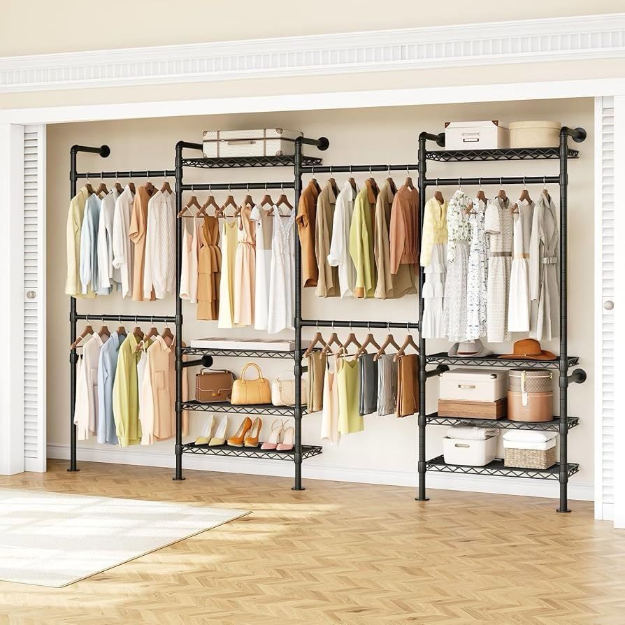 H4 Wall Mounted Closet System, Expandable Industrial Pipe Clothes Rack Clothing Rack for Hanging Clothes, Heavy Duty Closet Organizers and Storage in