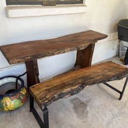 Rustic live-edge wood console table and rustic live- edge bench
