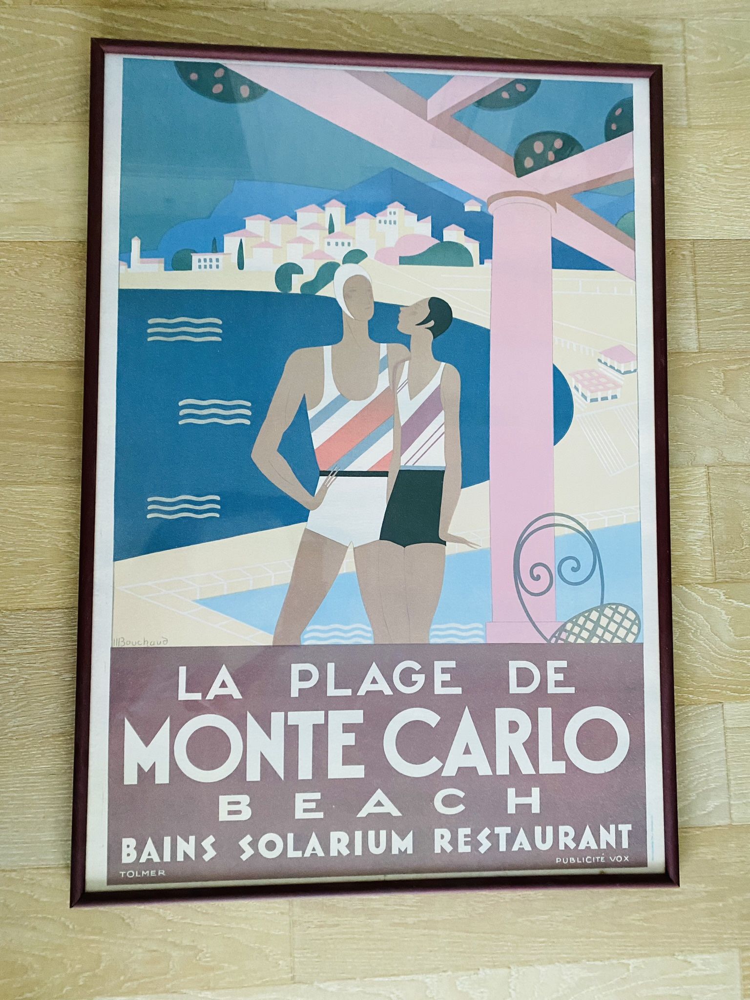 Vintage Antique Stylish Piece of Art. Pastel tones. “La Plage de Monte Carlo”. Great bargain. 31.5” x 45”. Like new condition.