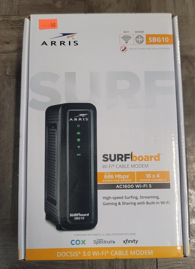 ARRIS (SBG10) - Cable Modem Router Combo - DOCSIS 3.0 16 x 4 Gigabit & AC1600 WiFi
(BRAND NEW FACTORY SEALED)