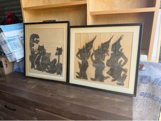 Vintage Siam Thai Temple Rubbing Framed Wall Art Set of 2 – Asian Folk Art Decor