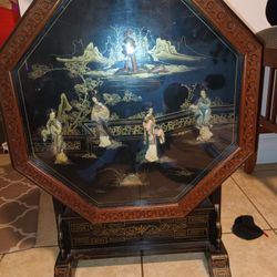 RARE Antique Vtg CHINESE Lacquer TILT TABLE Mother of Pearl  Landscape Geisha