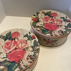 Roses set if 2 metal tins. 10x4 & 9x4 inches. Good condition. Storage/ cottage/ country/ vintage.