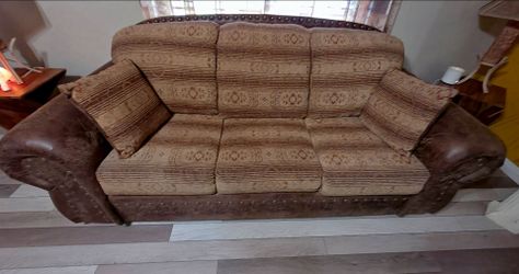 Custom vintage couch set includes the couch, love seat, and accent rocking chair, and 2 side tables