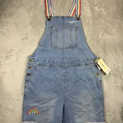 Take Pride Jean Overalls Womens Sz Large Blue Queen Rainbow Patch Shortalls