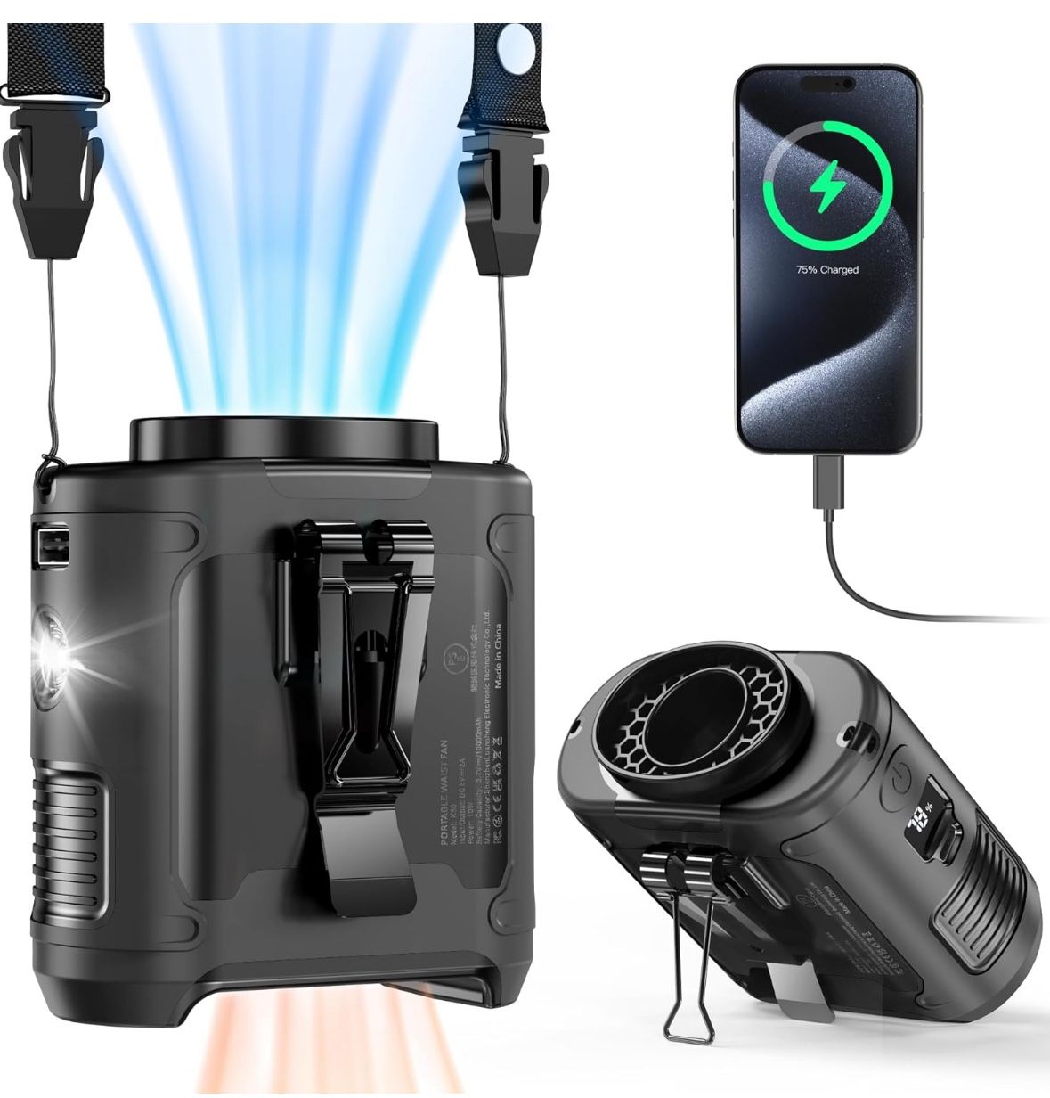 10,000mAh Waist Fan – Rechargeable, 5 Speeds, Flashlight