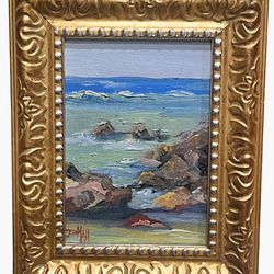 Original Oil Painting Ocean Beach Impressionist Art Gold Frame Artist Signed
