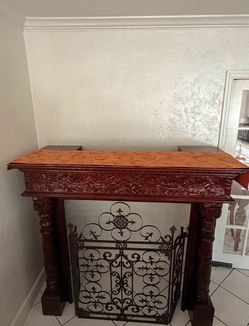 Ornate Hand-Carved Wood Fireplace Mantel Surround – Floral Relief & Carved Columns