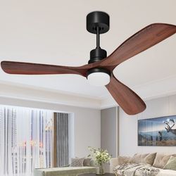 Obabala 52in Indoor/outdoor Ceiling Fan Black With Wood Blades Light Remote New 