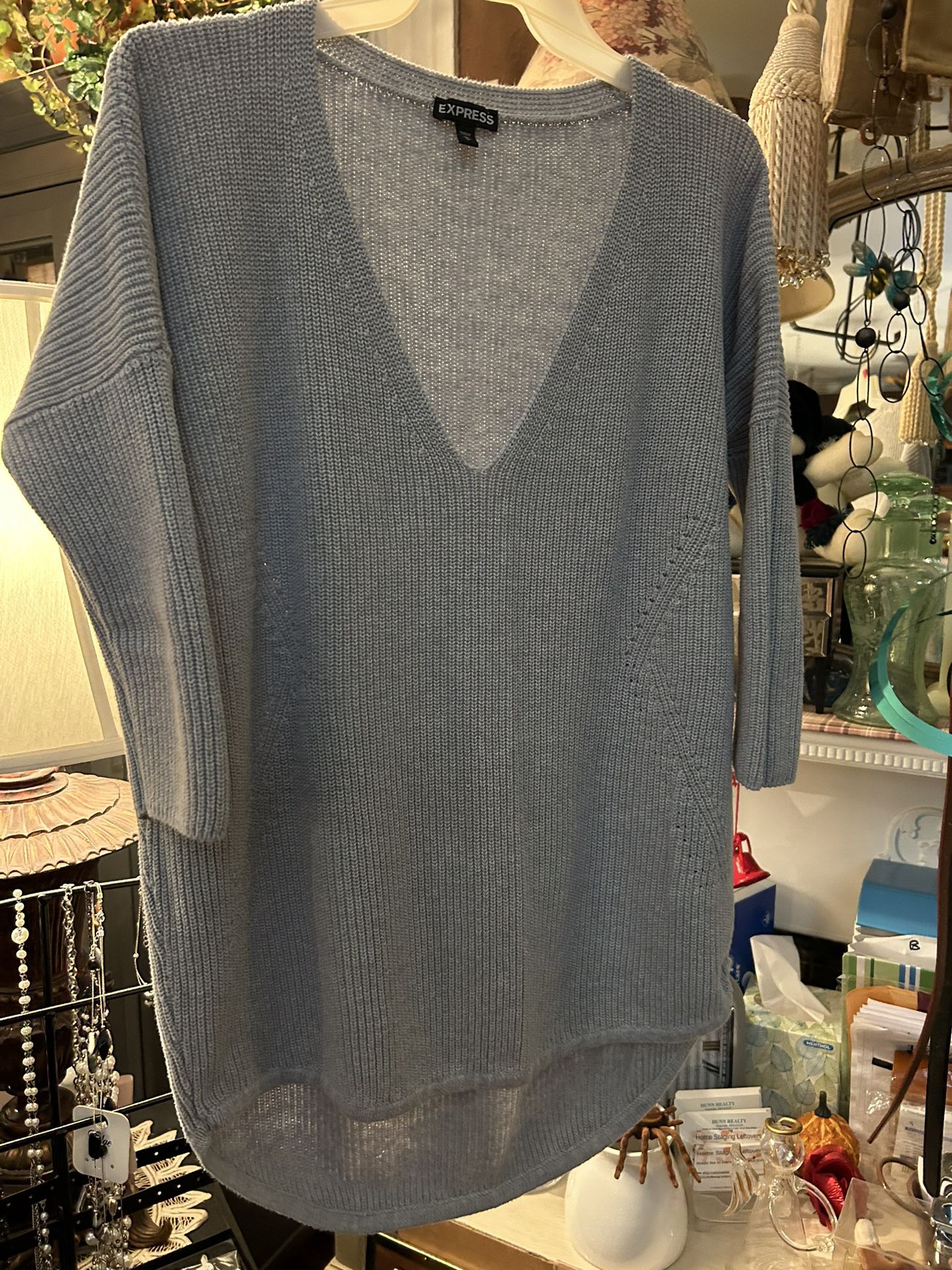 Ladies Medium Express Blue Knit Tunic Sweater With 3/4 Sleeves