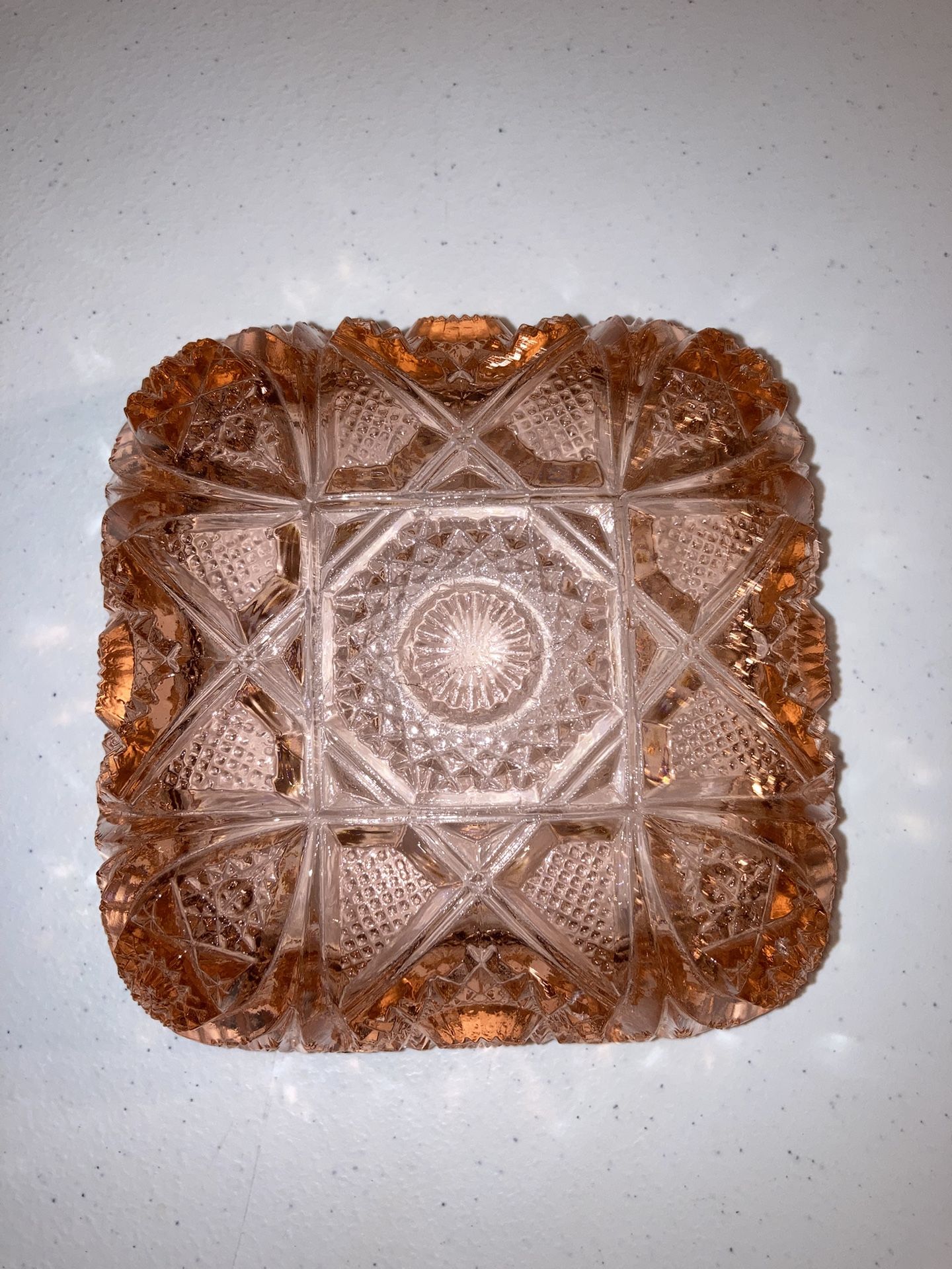 Peach Cut Glass Square Dish For Candies, Nuts, Jewelry