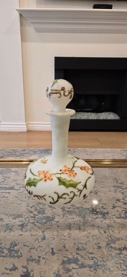 Vintage Hand-Painted Frosted Glass Decanter Bottle with Stopper Holly Berry & Scrollwork Motif