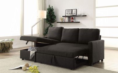 CHARCOAL LINEN FABRIC SECTIONAL SOFA SLEEPER CHAISE STORAGE