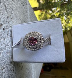 Pink Stone Double Halo White Gold Ring