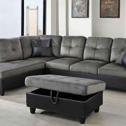 Gray Microfiber Sectional Couch And Ottoman 