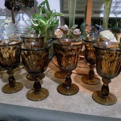 Vintage Smokey Brown Glass Goblets Set Of 7