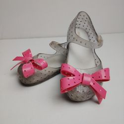 Mini Melissa Furadinha Mary Jane Flats Silver Sparkle Pink Bows Baby Girls US-9
