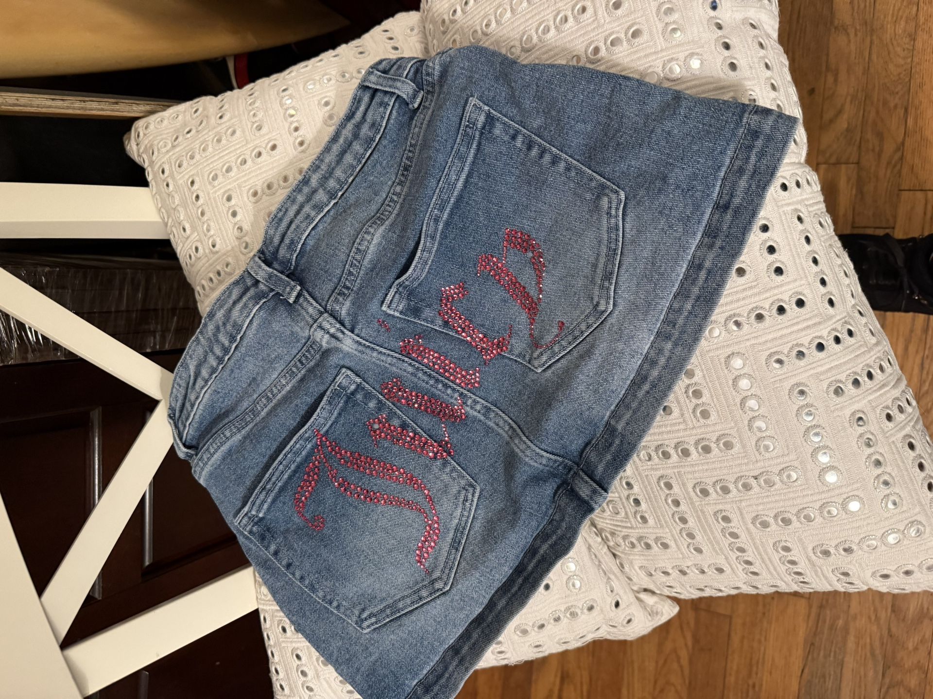 Juicy Couture Jean Mini Skirt With Sequin “Juice” Across The Bum
