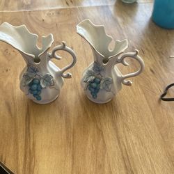 Vintage Porcelain Pitcher 3D Blue Grapes Gold Trim  6 Inch Tall Japan