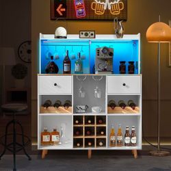 Wine Bar Cabinet with Power Outlet & LED Light, Bar Storage Cabinet with Drawers and Removable Shelves, Wine Cabinet Sideboard for Liquor and Glasses,
