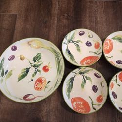 Various Vegetables by Crate & Barrel LARGE PASTA / SALAD BOWL 11 3/4" & 4 pasta bowls  