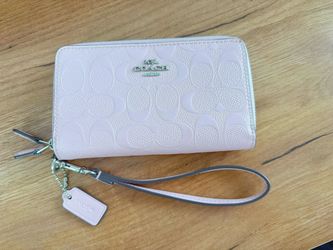 Coach Cherry Blossom Pink Double-Zip Wristlet Wallet – Embossed Leather, Very Good