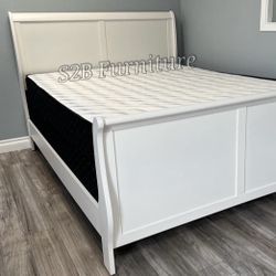 Full Size White Sled Bed W Orthopedic Mattress 