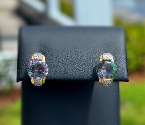 Jewelry 14k solid yellow gold mystic topaz stone natural diamond 4.10CTW stud clip on earrings