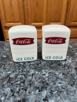 Vintage Ceramic Coca-Cola Pair of Salt and Pepper Shakers Licensed Product Red & White Ice Cold Coke.  Size approximately 3 inches tall.